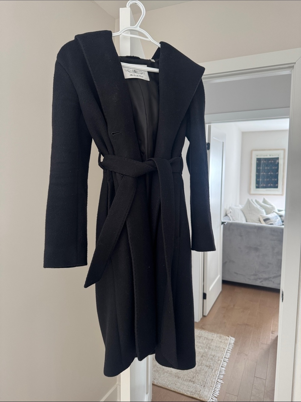 Aritzia Emilie Black Wool Long Belted Hooded Coat